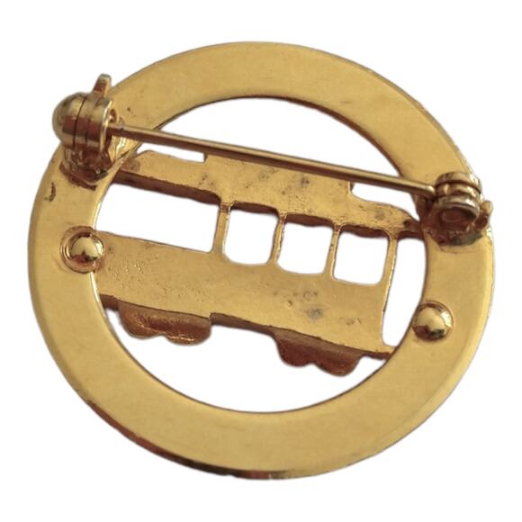 Vintage Trolley Train Pin Brooch Gold Round Steam town? Scranton? - Picture 4 of 4